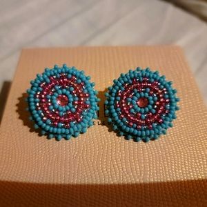 Hand Beaded Pink and Blue Native Circle Stud Earrings with Leather Backing